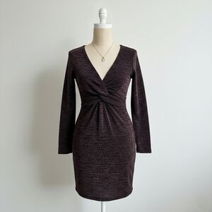 Revamped Dark Purple Sparkly Body Con V Neck Ruched Dress